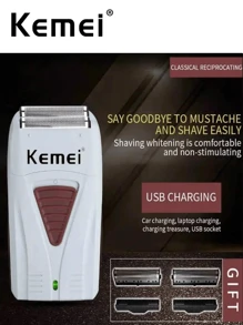 Kemei KM-3382 男士 USB 充电专业时尚无线剃须刀双刀片往复式胡须剃须刀面部护理油性理发器|父亲节礼物|男士箔式剃须刀 - 灰色 - 查看 2
