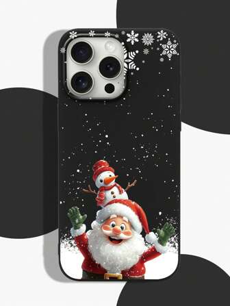 1 Stück schwarze Handyhülle für Apple und andere Modelle, mit Motiv Weihnachtsmann, Schneemann, Winterschneeflockenmuster