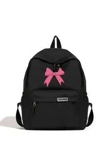 1 Pc Back To School Classic Basic Large School Bag With Laptop Compartment Fashion Versatile Backpack Purse Solid Color With Bow Print Waterproof Sports Bag Premium Durable Nylon School Backpack With Adjustable Strap &Spacious Multiple Pockets Bookbags Lightweight Portable Bag Pack Leisure Travel Backpacks Perfect For Graduate & For Women & Teen Girls Perfect For Outdoors & Travel &Junior High School& Senior High School&University - Black - View 2