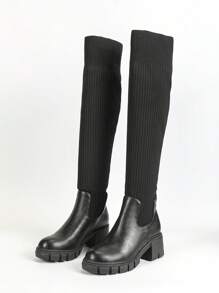 Giày bốt cao đến đầu gối dày mới mùa thu/đông 2024, bốt cao cổ đan ấm áp, bốt tất co giãn đến giữa bắp chân - Màu be - Xem 6