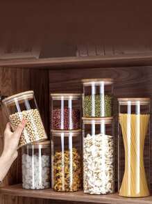 1入組密封食品儲存罐，帶木質蓋，適用於咖啡豆/穀物，塑料廚房儲存容器 - 圓形透明 - 查看 7
