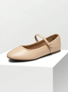 Women's Ballet Mary Jane Flats Buckle Strap Round Toe Leather Slip-On Comfortable Versatile Shoes - 杏色 - 查看 2