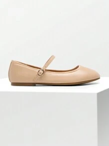 Women's Ballet Mary Jane Flats Buckle Strap Round Toe Leather Slip-On Comfortable Versatile Shoes - 杏色 - 查看 7