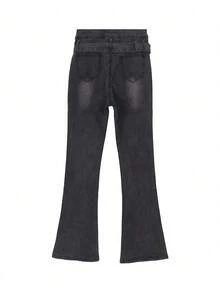 高腰系带修身喇叭牛仔裤 - 灰色 - 查看 4