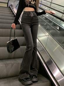 高腰系带修身喇叭牛仔裤 - 灰色 - 查看 1