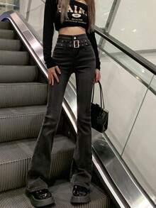 高腰系带修身喇叭牛仔裤 - 灰色 - 查看 7