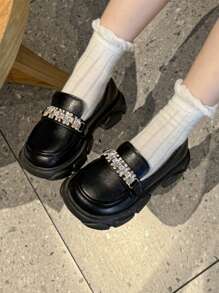 1 Pair New Fashion Rhinestone Decor Chain Slip-On Loafers For Girls - Black - View 6