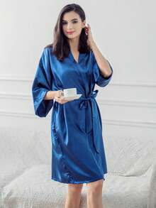 Navy Blue Solid Color Faux Silk Robe, Soft And Comfortable Satin Bathrobe - Navy Blue - View 3