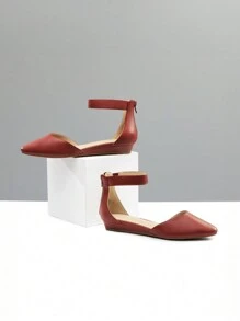 Women's Closed Pointed Toe Low Wedge Ankle Strap Casual Comfortable Ballet Flats With Back Zipper Design Party Wedding Shoes - 紅色 - 查看 5