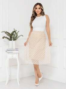 Midi Pleated Skirt In Tulle Fabric, Evangelical Fashion, With Lining And Elastic At The Waist, Cod128 - 淺褐色的 - 查看 1