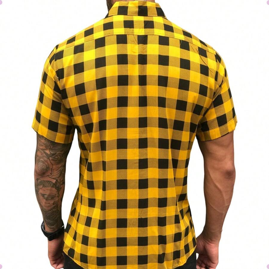 Men's Plaid Shirt Short Sleeve Slim Flannel Buttons Top - 黃色 - 查看 1