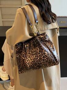 Women Leopard Print Letter Decor Fashionable Versatile Tote Bag, Tote Bags For Women, College Essentials, Fall Winter Fashionable Cheetah Print Purse For Women, New Fall Winter Tiger Print Bag For Women