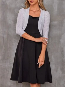 Women's 3/4 Sleeve Cropped Cardigan Bolero Sweater Open Front Ribbed Shrug For Dresses - 黑色 - 查看 2