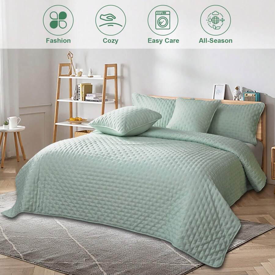 Luxury Quilted 3 Piece Bedspread Embossed Pattern For All Season 220 X 240CM Soft Microfiber Reversible Patchwork Beddings Set Bed Throw For Bedroom Decor Reversible Coverlet - Mint Green - View 1