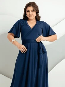 Long Party Dress Debutante Flare Loose V-Neck Discreet With Bell Sleeve Casual - Màu xanh hải quân - Xem 2