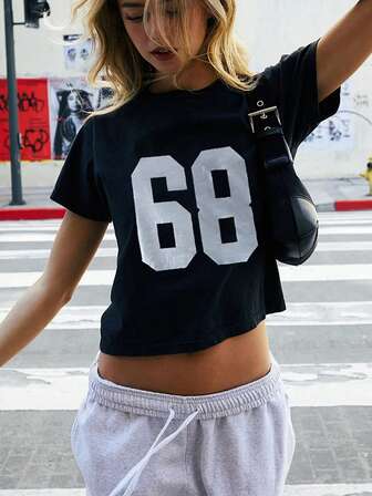 Tricou scurt de damă casual cu imprimeu cu numere, cu gât rotund, stil stradal, nou sosire de vară