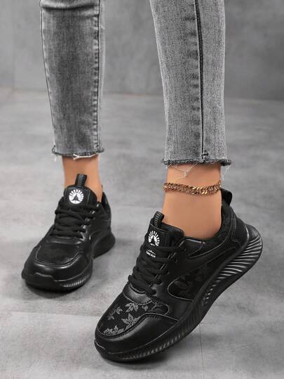 Spring/Autumn New Rose Graphic Thick Sole Casual Shoes, Lightweight Shock-Absorbing Soft Bottom Running Shoes, Women Casual Flat Shoes, Daily Wear Black Cloth Shoes