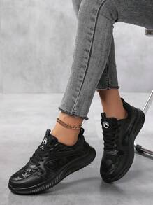 Spring/Autumn New Rose Graphic Thick Sole Casual Shoes, Lightweight Shock-Absorbing Soft Bottom Running Shoes, Women Casual Flat Shoes, Daily Wear Black Cloth Shoes - Black - View 3