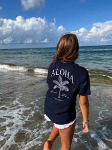 Casual Summer T-Shirt With Tropical Aloha Print - 藏蓝色 - 查看 2