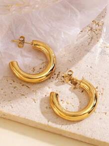 Same Day Dispatch Fashionable 18k Stainless Steel Hollow C-Shaped Hoop Earrings Suitable For Women's Daily Wear" Exclusive Limited Stock Winter Gifts - Gold - View 5