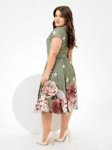 Moss Green Floral Printed Godet Midi Dress With Belt Women's Christian Fashion - Màu xanh Ô liu - Xem 3