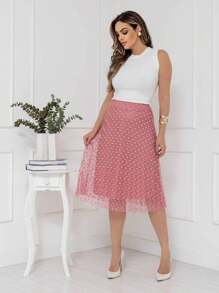 Midi Pleated Skirt In Tulle Fabric, Evangelical Fashion, With Lining And Elastic At The Waist, Cod128 - 乾枯玫瑰色 - 查看 1