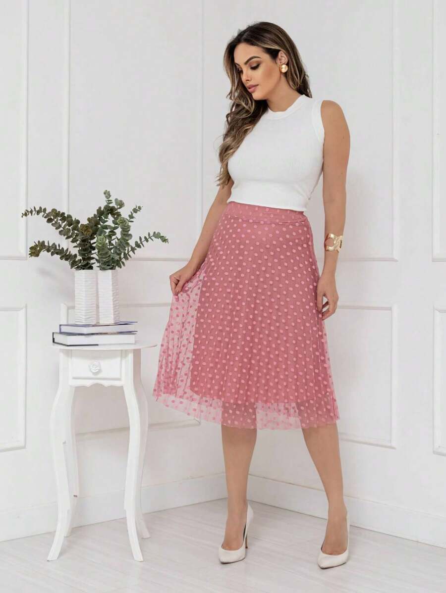 Midi Pleated Skirt In Tulle Fabric, Evangelical Fashion, With Lining And Elastic At The Waist, Cod128 - 乾枯玫瑰色 - 查看 1