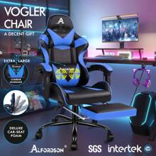 ALFORDSON Video Game Chair, Ergonomic Office Chair, Massage Racing Chair, Retractable Footrest, PU Leather, Height Adjustable And Tilt, 180kg Load Capacity - Blue - View 2