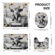 Juego de cortina de ducha con diseño de vaca de las tierras altas y flores en estilo granja, divertido, de 1/4 piezas, con cortina de ducha y alfombras de poliéster resistente al agua y lavable a máquina para decoración de baño o ducha, con 12 ganchos, alfombra antideslizante en forma de U para tapa de inodoro y accesorios de decoración de baño de otoño para volver al colegio - Gris - Ver 2