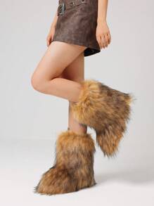 Winter Snow Boots Faux Fur Boots For Women Warm Fuzzy Fluffy Winter Furry Snow Boots Flat Shoes Outdoor - 駝色 - 查看 9