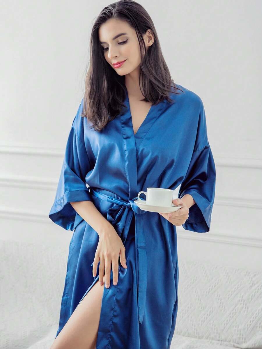 Navy Blue Solid Color Faux Silk Robe, Soft And Comfortable Satin Bathrobe - Navy Blue - View 1