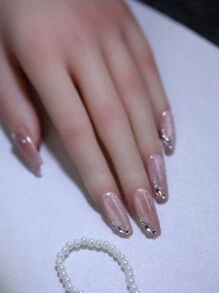 Móng giả dán thủ công 100%, móng tay đính đá, trang trí móng tay, màu hồng nude bóng cao cấp, hiệu ứng mắt mèo, 10 chiếc. Móng giả dài vừa, hình quan tài, hiệu ứng mắt mèo, có thể tái sử dụng, dùng hàng ngày và dự tiệc. Quà tặng làm móng. Móng giả dán thủ công. - Bụi hồng - Xem 5