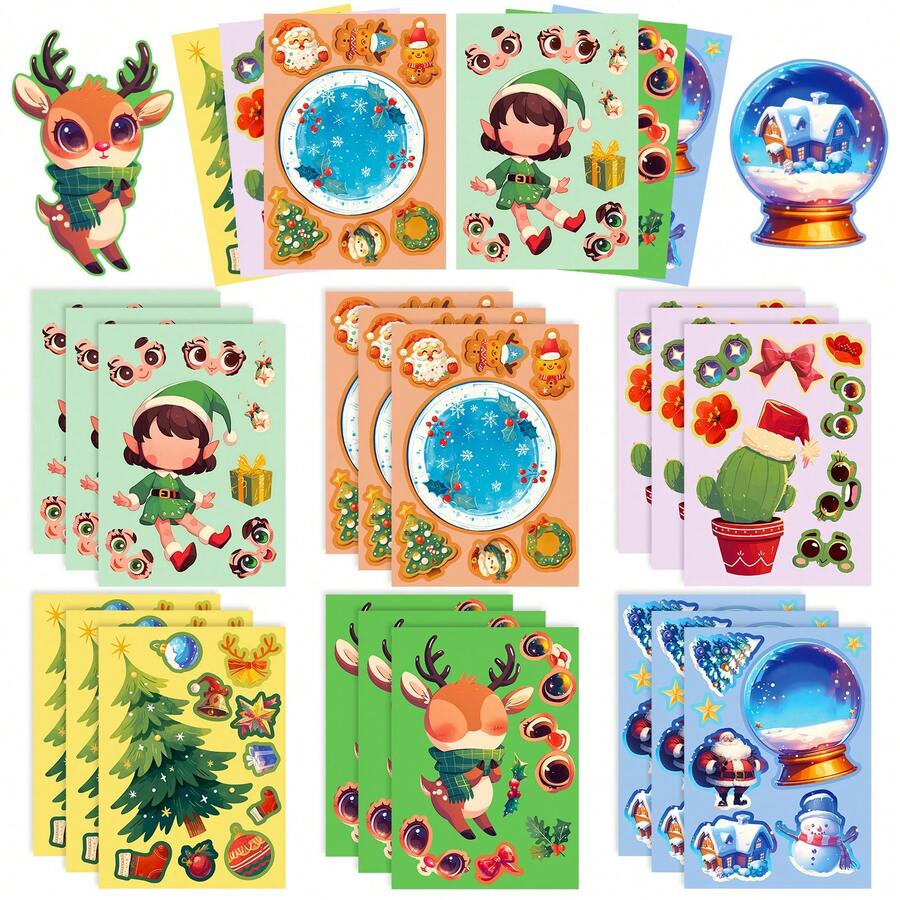 Christmas Decoration 6pcs/Set DIY Christmas Reindeer & Snowflake Crystal Ball Puzzle Stickers, Cartoon Decor Combo For Holiday Party, Interactive Games, Birthday Gifts