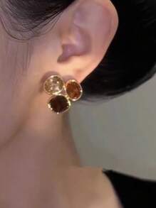 1pair Fashionable Colorful Geometric Zirconia Earrings, Luxury Elegant Simple Design Earring
