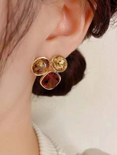 1 cặp Hoa tai Zirconia hình học nhiều màu thời trang, Hoa tai thiết kế đơn giản thanh lịch hợp thời trang sang trọng