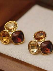 1pair Fashionable Colorful Geometric Zirconia Earrings, Luxury Elegant Simple Design Earring