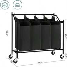 SONGMICS 4-Bag Laundry Cart Sorter, Rolling Laundry Basket Hamper, With 4 Removable Bags, Casters And Brakes, Black URLS90H - màu đen - Xem 5