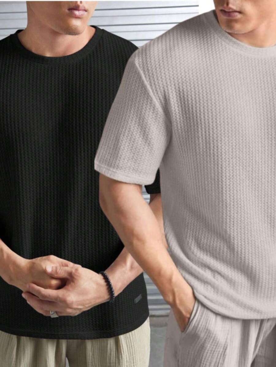 Kit 2 Oversized Casual Basic Plain Straight T-Shirt Black/Multicolor - 米色 - 查看 1