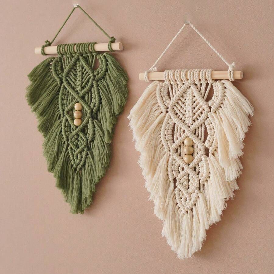1 件 Macrame 壁挂，手工编织波西米亚风格墙面装饰挂毯，绿色和象牙色叶子和羽毛背景