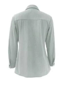 女士纯色灯芯绒翻边口袋衬衫，休闲春季款 - 灰色 - 查看 3