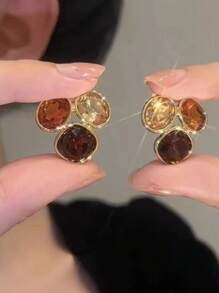 1pair Fashionable Colorful Geometric Zirconia Earrings, Luxury Elegant Simple Design Earring