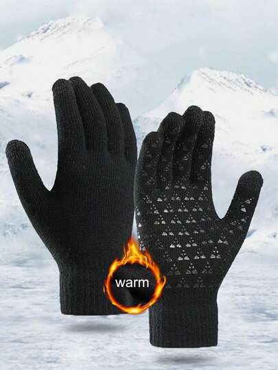 1 Pair Knitted Knitted Gloves, Thick Warm Touchscreen Gloves For Cycling, Windproof, Suitable For Men And Women In Autumn/Winter