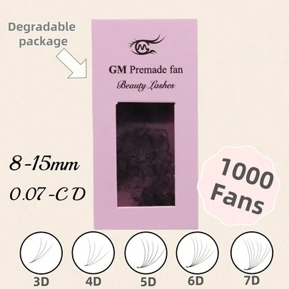 一盒1000根散装扇形睫毛嫁接，0.07毫米尖头，3D/4D/5D/6D/7D/8D浓密型预制睫毛嫁接