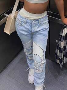Skull Vintage Printed Jeans Women High Waist Y2K Streetwear 90S Baggy Jeans Pants Denim Trousers Harajuku Cargo Straight Jean - Light Wash - View 3