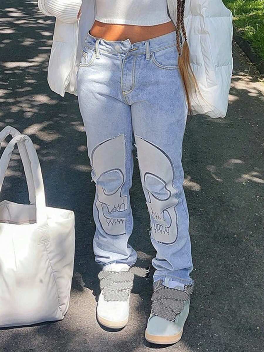 Skull Vintage Printed Jeans Women High Waist Y2K Streetwear 90S Baggy Jeans Pants Denim Trousers Harajuku Cargo Straight Jean - Light Wash - View 1