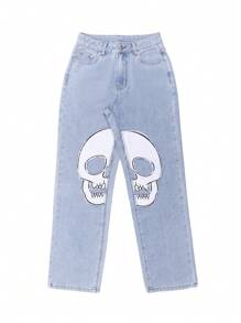 Skull Vintage Printed Jeans Women High Waist Y2K Streetwear 90S Baggy Jeans Pants Denim Trousers Harajuku Cargo Straight Jean - Light Wash - View 5