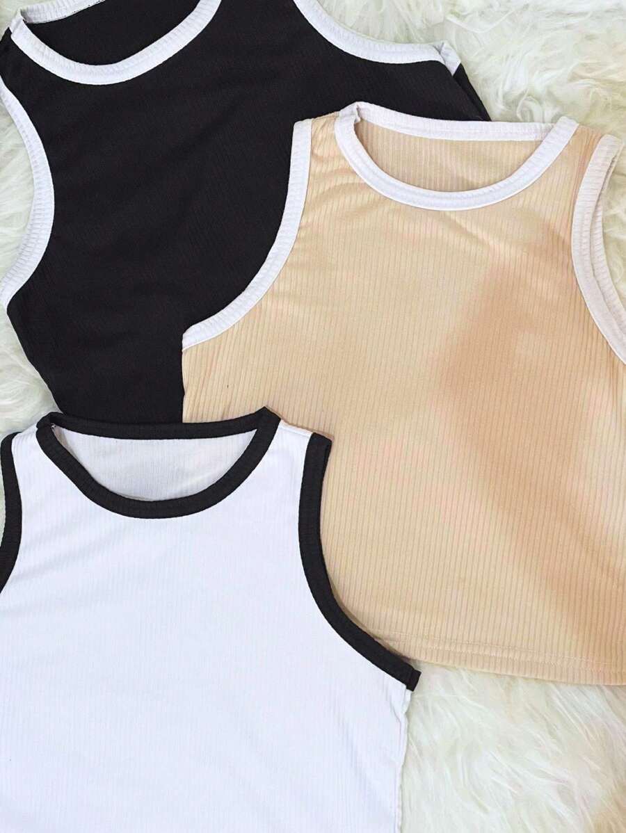 Kit3 Duo Color Pieces Basic Ribbed Cropped Tank Top New Release - 白色 - 查看 1