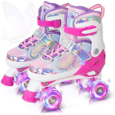 Kids Roller Skates For Girls Or Boys, Adjustable Roller Skates For Children With Beautiful Butterflies, Beginners 3-16 Years Old Light Up Quad Skates Indoor Outdoor