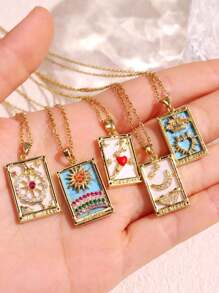 1pc 18K Gold Plated Stainless Steel Vintage Geometric Square Pendant Necklace With Heart, Moon & Zirconia Stones, Fashion Charm Jewelry For Women