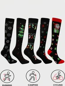 Unisex Christmas Pattern Athletic Compression Socks, Suitable For Running, Cycling And Hiking - Multicolor - View 2